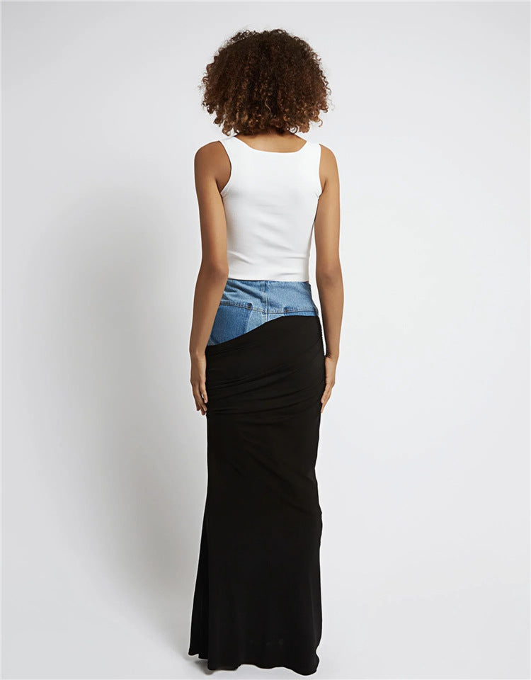 Blue Denim Patchwork Color Block Ruched Zipper Skirt