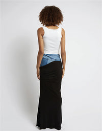 Blue Denim Patchwork Color Block Ruched Zipper Skirt