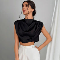Women Clothing Pleated Batwing Sleeve Satin Shirt Stand Alone Satin Artificial Silk Short Top - Modestly Vogue