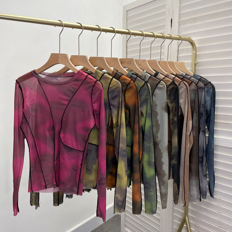 Earthtone Sunset Blooming Stretch Mesh Slim Fit Bottoming Shirt Bandage Top
