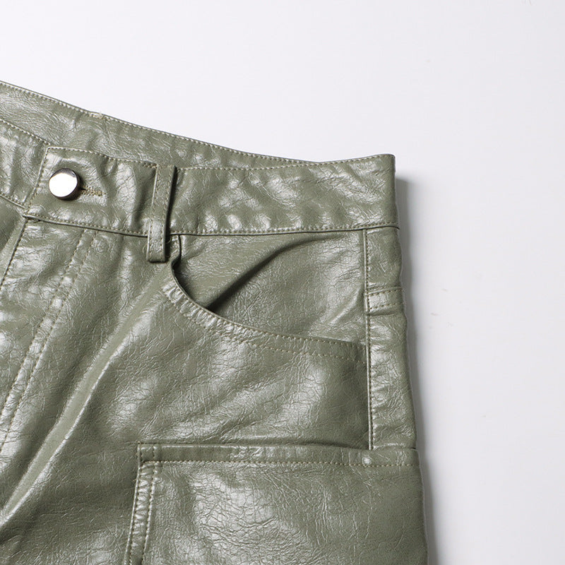 Earthtone Unique Design Faux Leather Trousers - High Waist Straight Leg Pants for Women