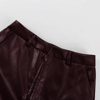 Spring Autumn Retro Green Fruit Collar with Belt Leather Coat High Waist Leather Pants Set for Women