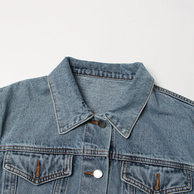 Blue Denim Belt Design Denim Jacket for Women - Collared Korean Patchwork Top