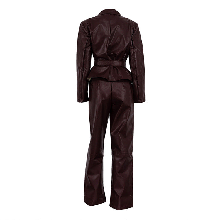 Spring Autumn Retro Green Fruit Collar with Belt Leather Coat High Waist Leather Pants Set for Women