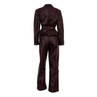 Spring Autumn Retro Green Fruit Collar with Belt Leather Coat High Waist Leather Pants Set for Women