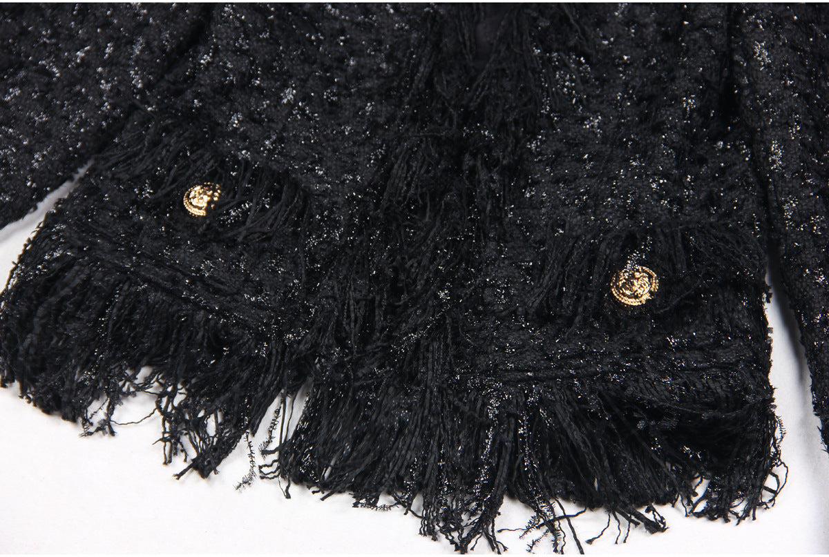Black Silk Tweed Fringe Pocket Fastener Decoration Cardigan Women Coat Top