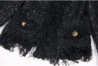 Black Silk Tweed Fringe Pocket Fastener Decoration Cardigan Women Coat Top