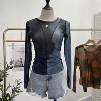 Earthtone Sunset Blooming Stretch Mesh Slim Fit Bottoming Shirt Bandage Top