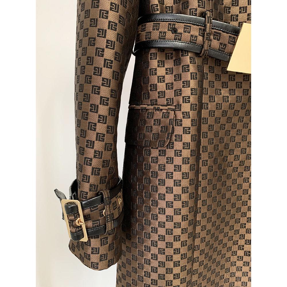 Autumn Winter Star Belt Jacquard Maze Pattern Long Trench Coat