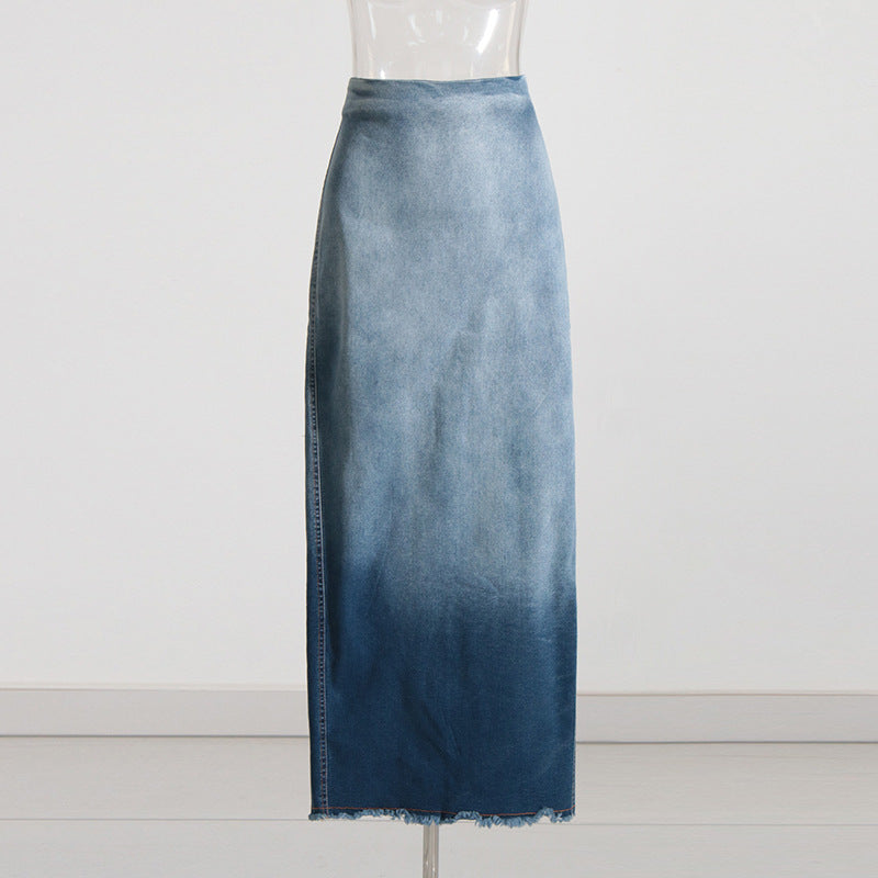 Blue Gradient Washed Denim Skirt for Women - Frayed Hem Split Slimming Design