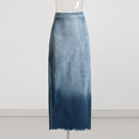 Blue Gradient Washed Denim Skirt for Women - Frayed Hem Split Slimming Design