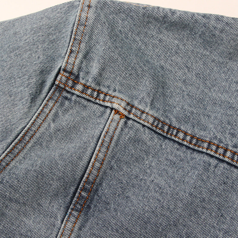 Blue Denim Belt Design Denim Jacket for Women - Collared Korean Patchwork Top