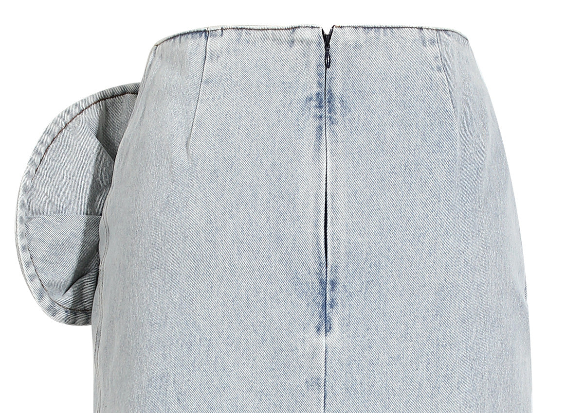 Blue Spring Summer Modern Urban Women Power Sense Three Pleated Rose Washed Denim Pencil Skirt