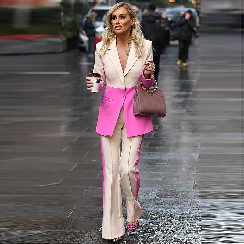 Pastel Business Suit One Button Color Matching Suit Bell-Bottom Pants Suit Two-Piece Suit