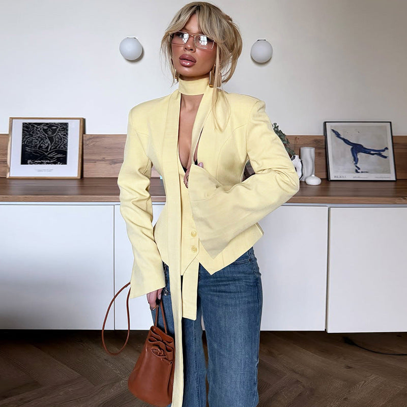 Women Clothing Autumn Elegant Cardigan Button Small Blazers Slim Solid Color Coat