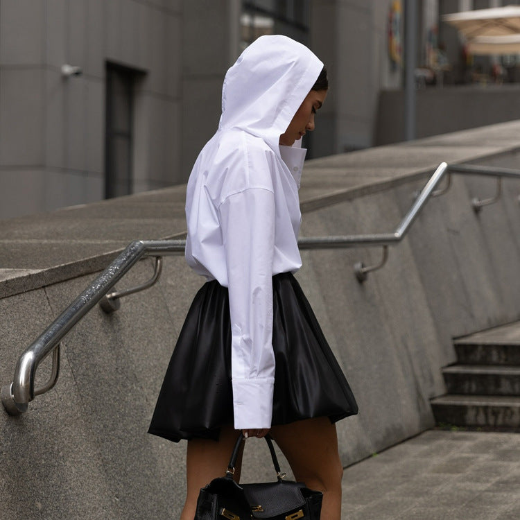 Cotton White Long Sleeve Hooded Shirt – Spring Office Cardigan - Modestly Vogue