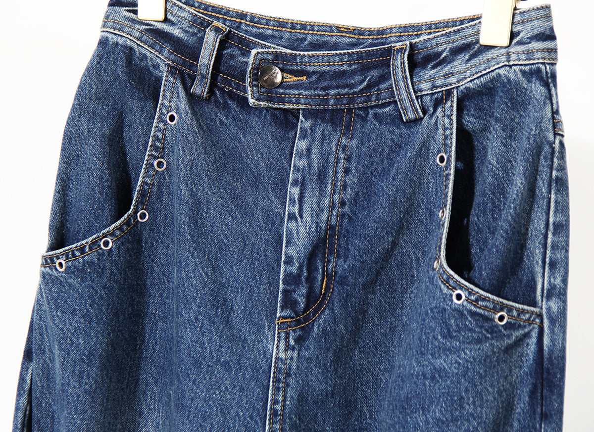 Blue Winter Color Loose Tied Same Design as Designer Personalized Minority Design Feeling Slightly Pull Jeans for Women