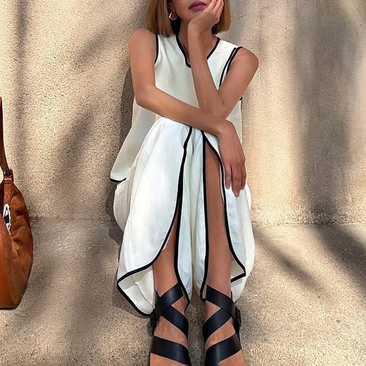 Contrast Color Vest Women Cross Design round Neck Sleeveless Top Split Trousers Two Piece Set - Modestly Vogue