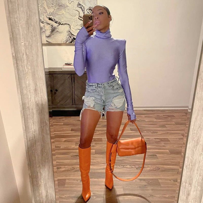 Black Women Winter High Collar Long Sleeve Finger Stall Slim