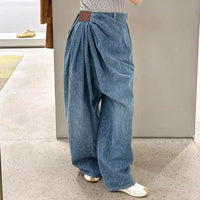 Blue Denim High Waist Ruched Wide Leg Jeans