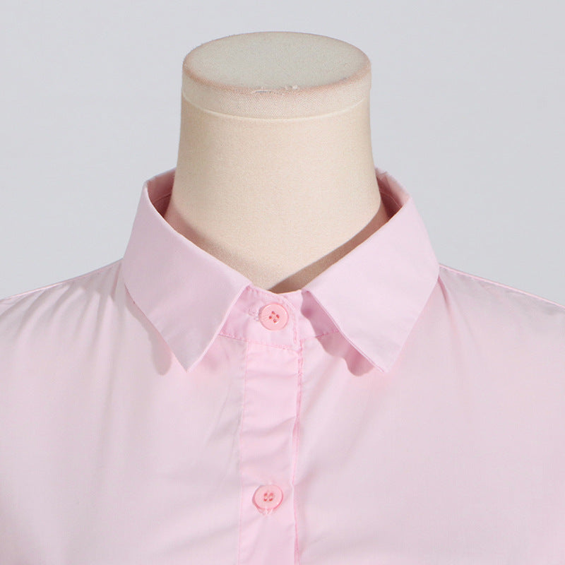 Pastel Collar Ruffled Stitching Design Tight Waist Slimming High Grade Short Sleeve Shirt for Women