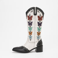 Western Denim Colorful Butterfly Embroidered Chunky Heel Ankle Boots