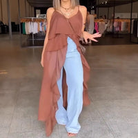 Women Clothing Spring Summer Sexy V neck Flounce Irregular Asymmetric Spaghetti Strap Dress - Modestly Vogue