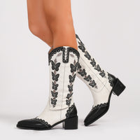 Western Denim Colorful Butterfly Embroidered Chunky Heel Ankle Boots