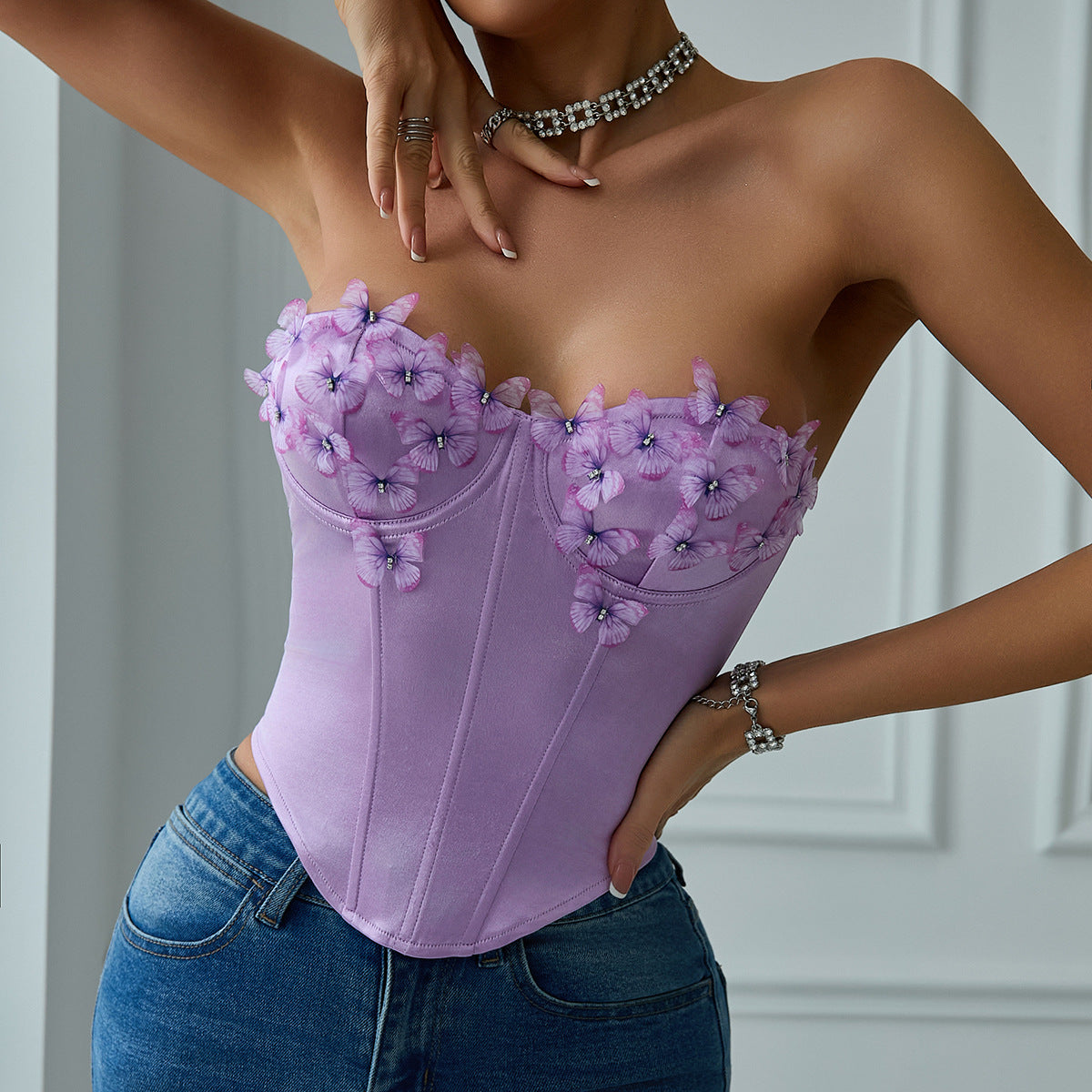 Low Cut Satin Butterfly Tube Top with Diamond Steel Ring Boning - Modestly Vogue