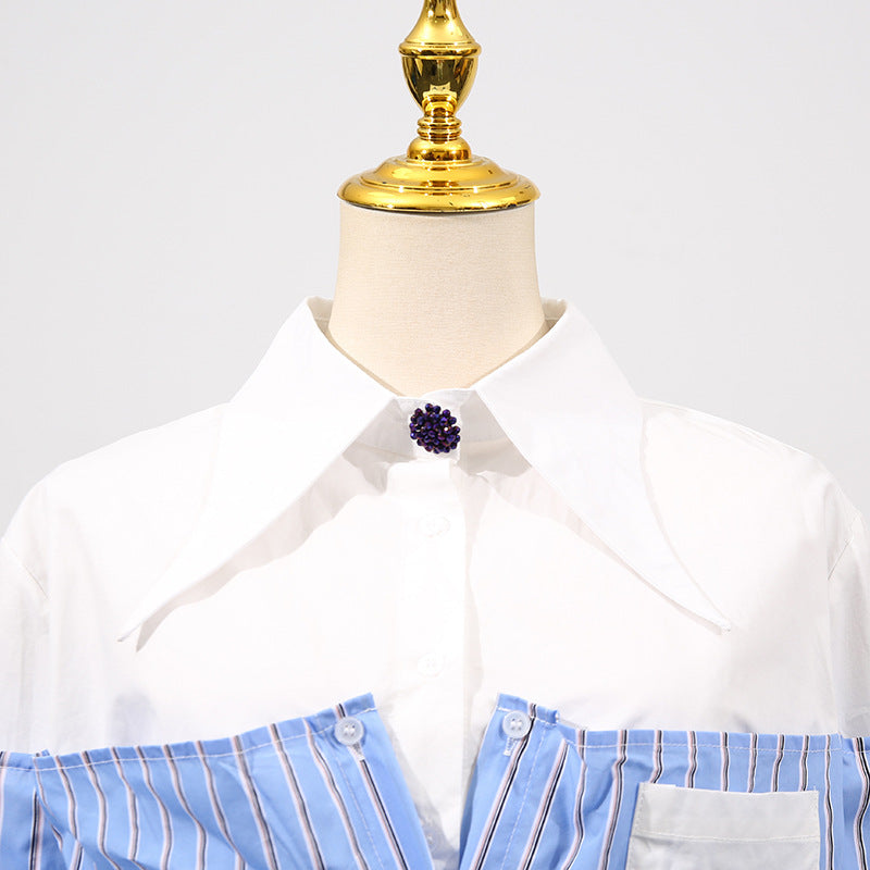 Blue Simple Office Top Women Summer Comfort Faux Two Pieces Casual Striped High Grade Women Shirt