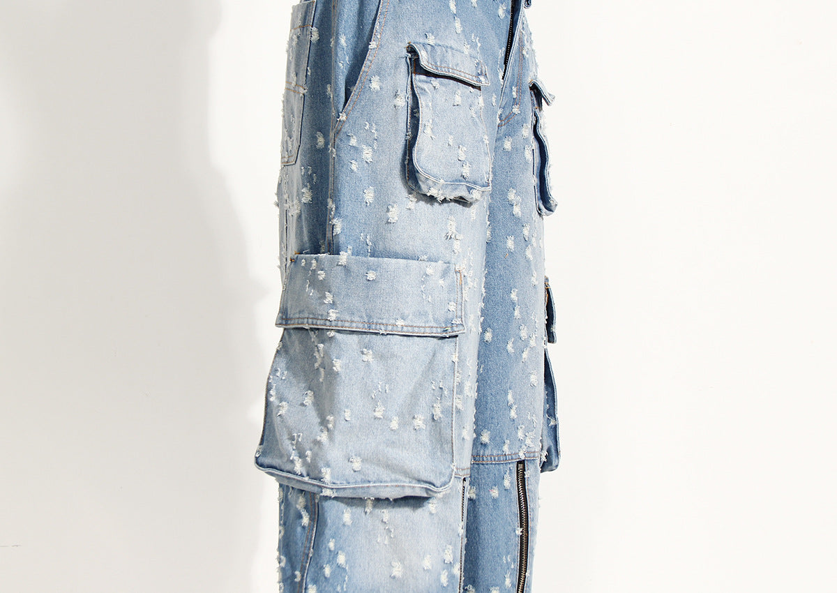 Blue Niche Design Jeans High Waist Loose Hole Trousers