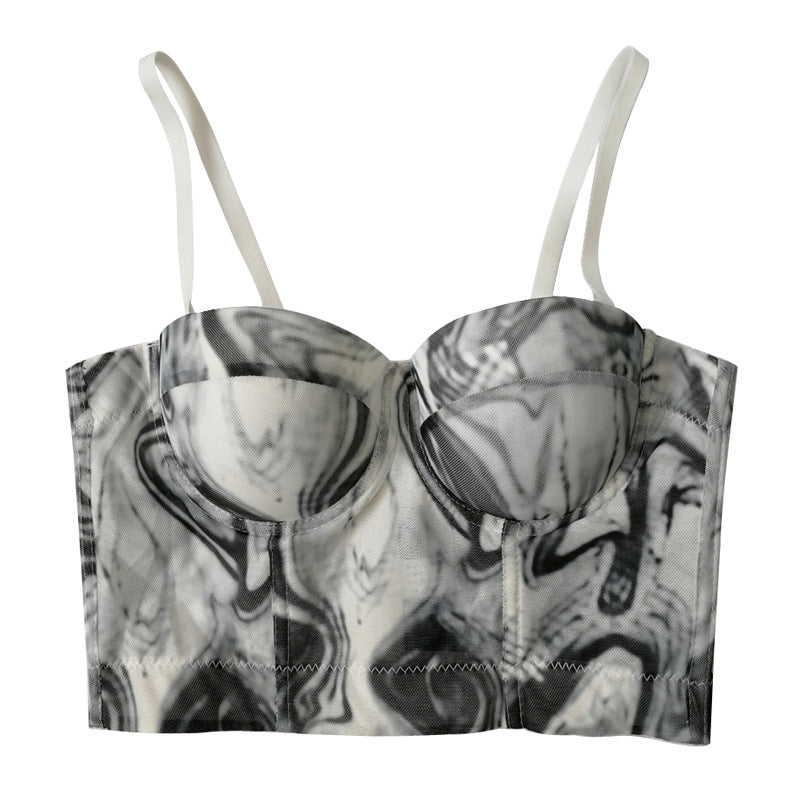 Gradient Printing Slip plus Size Women Summer Ink Painting Backless Lace Vest with Chest Pad Tube Top - Modestly Vogue