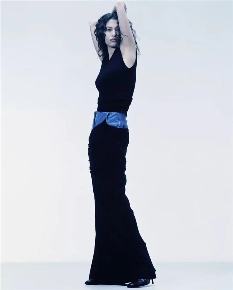 Blue Denim Patchwork Color Block Ruched Zipper Skirt
