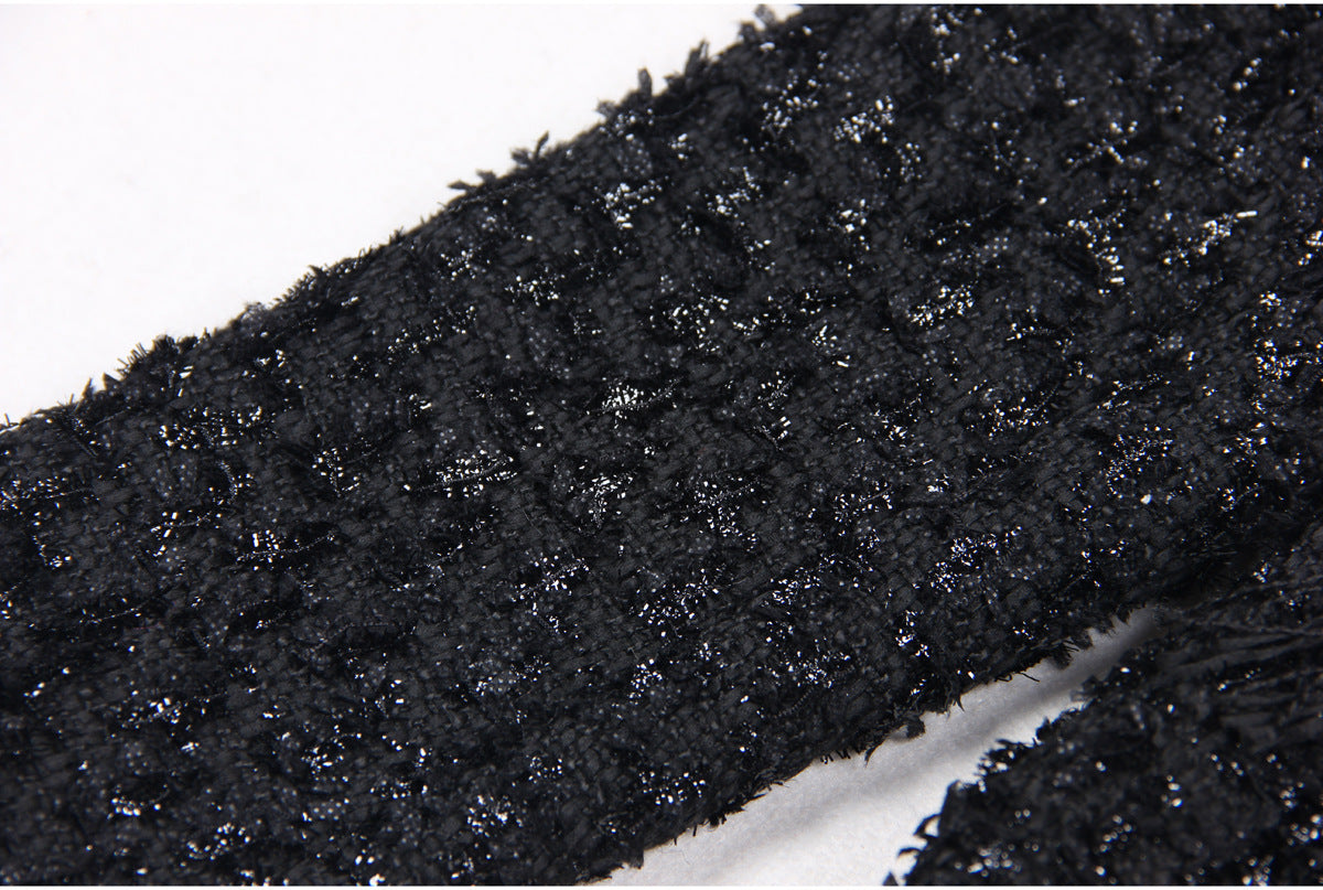 Black Silk Tweed Fringe Pocket Fastener Decoration Cardigan Women Coat Top
