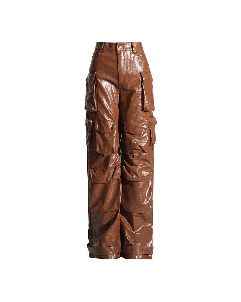 Earthtone Unique Design Faux Leather Trousers - High Waist Straight Leg Pants for Women