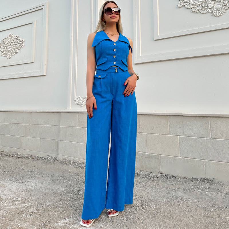 Suit Women Summer Sleeveless Short Vest Top with Loose Solid Color Trousers Suit - Modestly Vogue