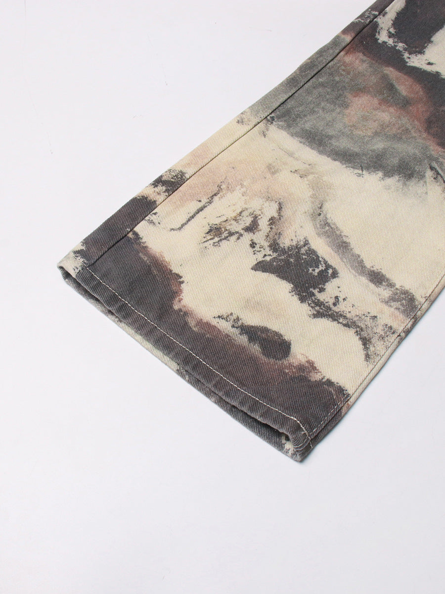 Neutral Blooming Ink Painting Patchwork Trousers for Women - High Waist Autumn Casual Jeans