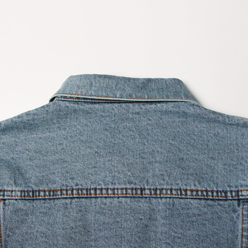 Blue Denim Belt Design Denim Jacket for Women - Collared Korean Patchwork Top
