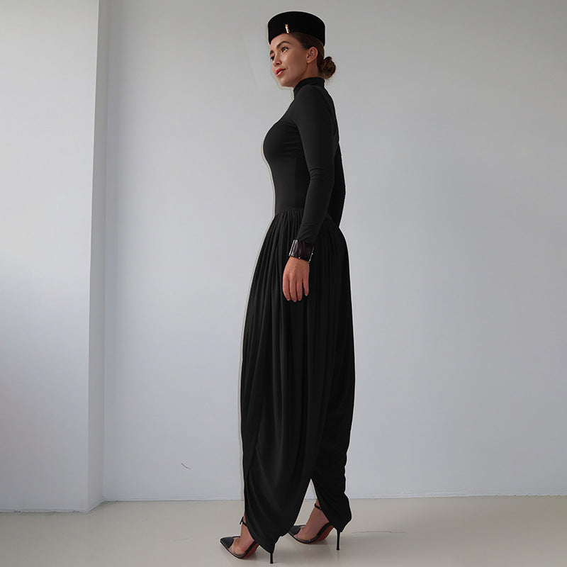 Black Fall Women Clothing Slim Fitting Cool Turtleneck Solid Color Long Sleeve Pleated Jumpsuit