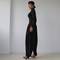 Black Fall Women Clothing Slim Fitting Cool Turtleneck Solid Color Long Sleeve Pleated Jumpsuit