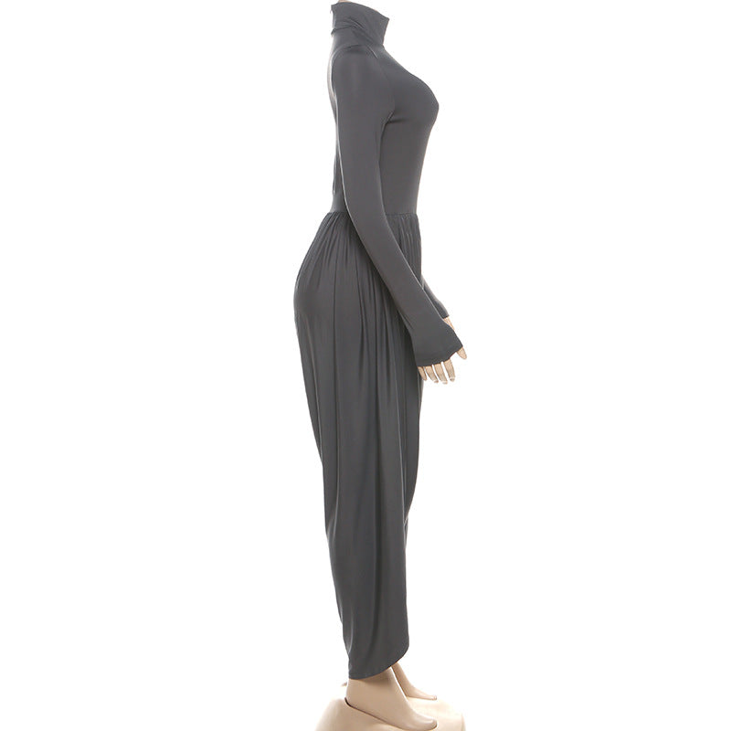 Black Fall Women Clothing Slim Fitting Cool Turtleneck Solid Color Long Sleeve Pleated Jumpsuit