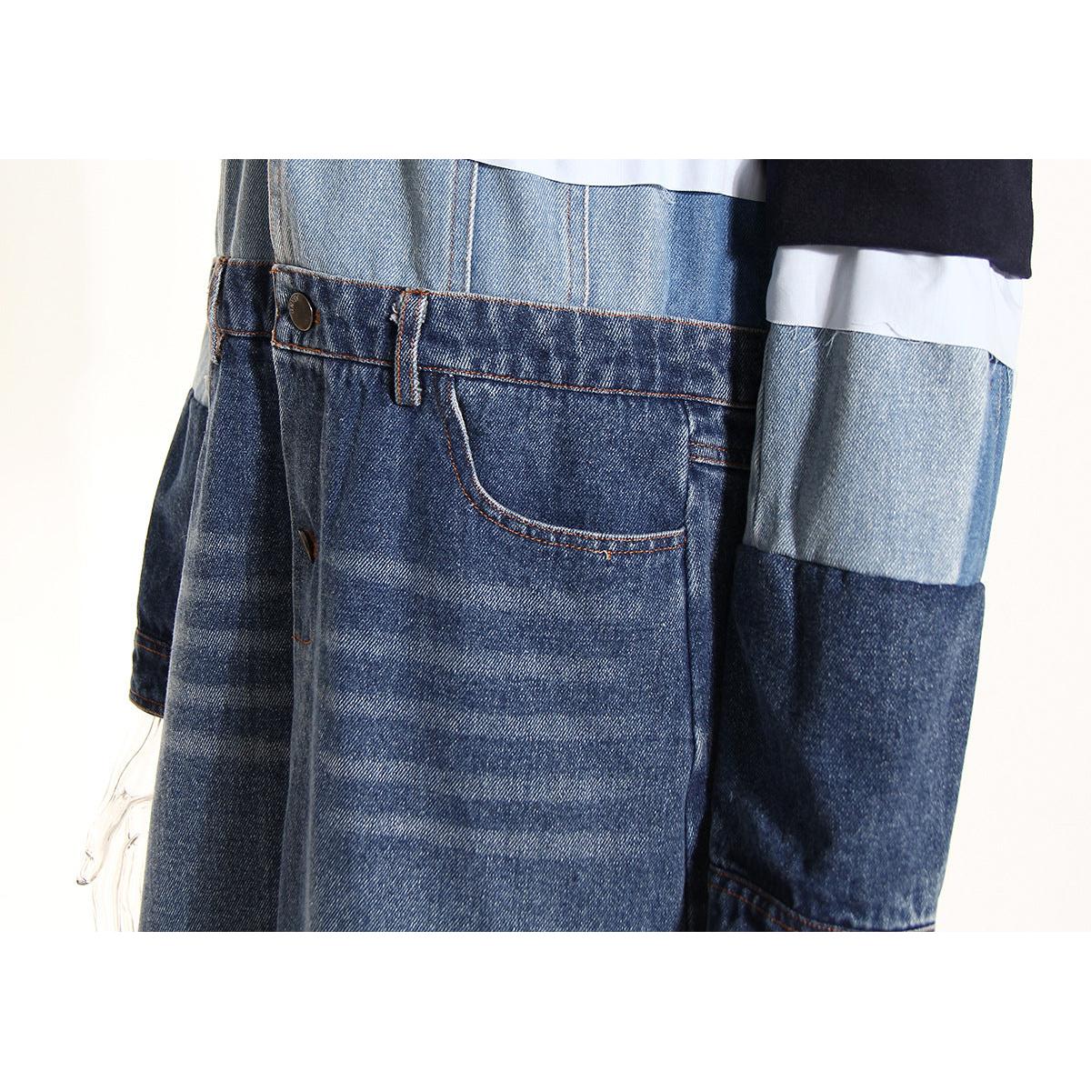 Blue Niche Design Denim Trench Coat for Women Autumn Winter Contrast Color Splicing Coat Women Mid Length Petite Coats Tide