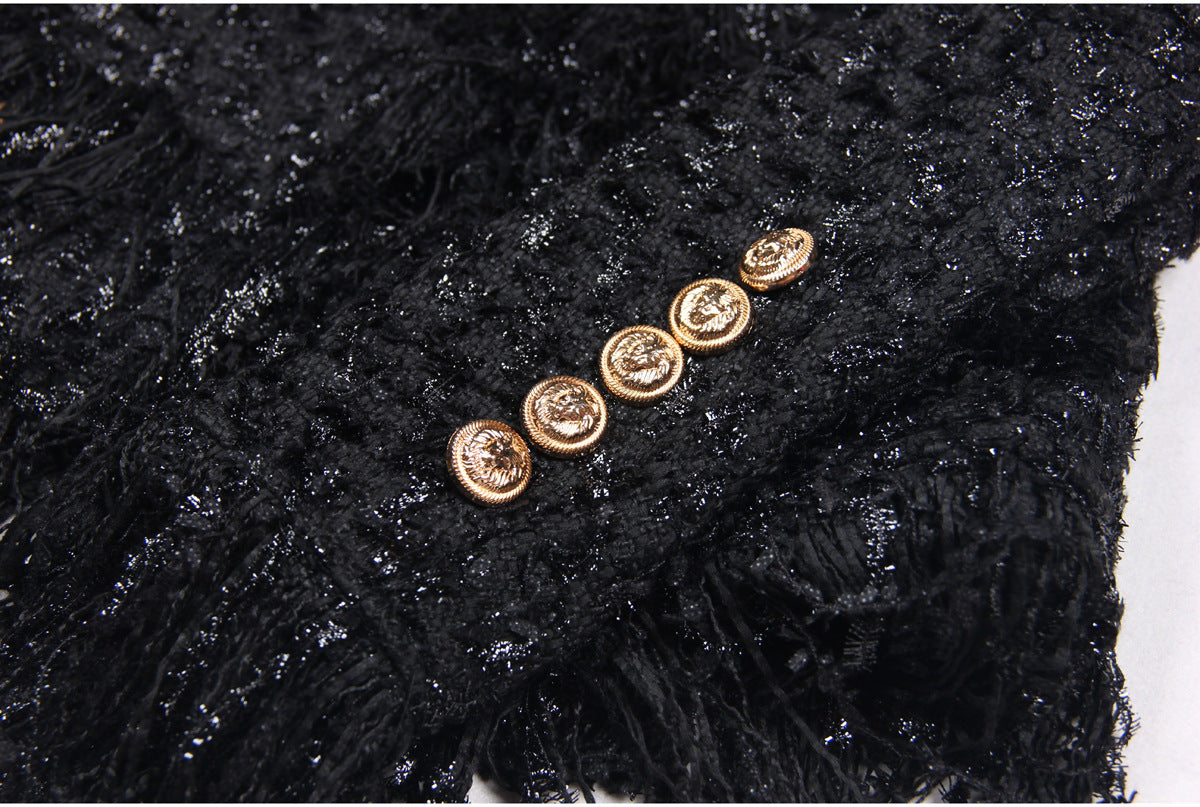 Black Silk Tweed Fringe Pocket Fastener Decoration Cardigan Women Coat Top