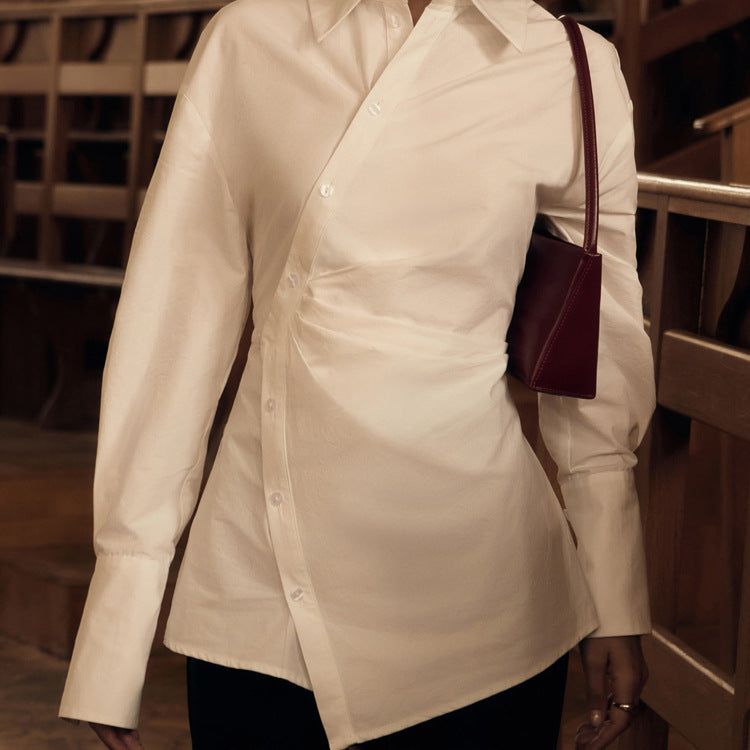 Cotton White Collared Long Sleeve Waist Shirt with Cross Design - Modestly Vogue