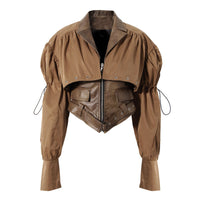 Earthtone Design Two Piece Coat Spring Cloak Stitching Faux Leather Handsome Waist Tight Jacket Top Women