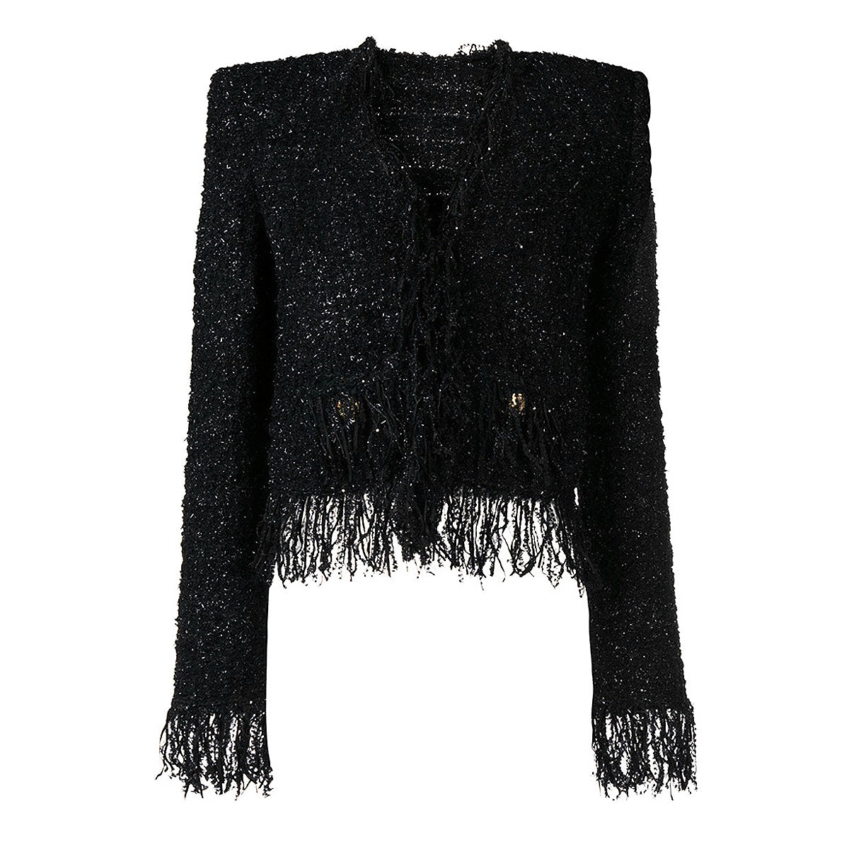 Black Silk Tweed Fringe Pocket Fastener Decoration Cardigan Women Coat Top