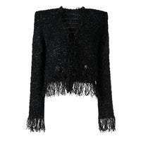 Black Silk Tweed Fringe Pocket Fastener Decoration Cardigan Women Coat Top