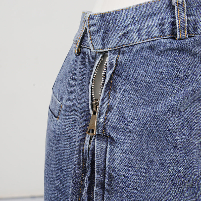 Blue Denim High Waist Ruched Wide Leg Jeans