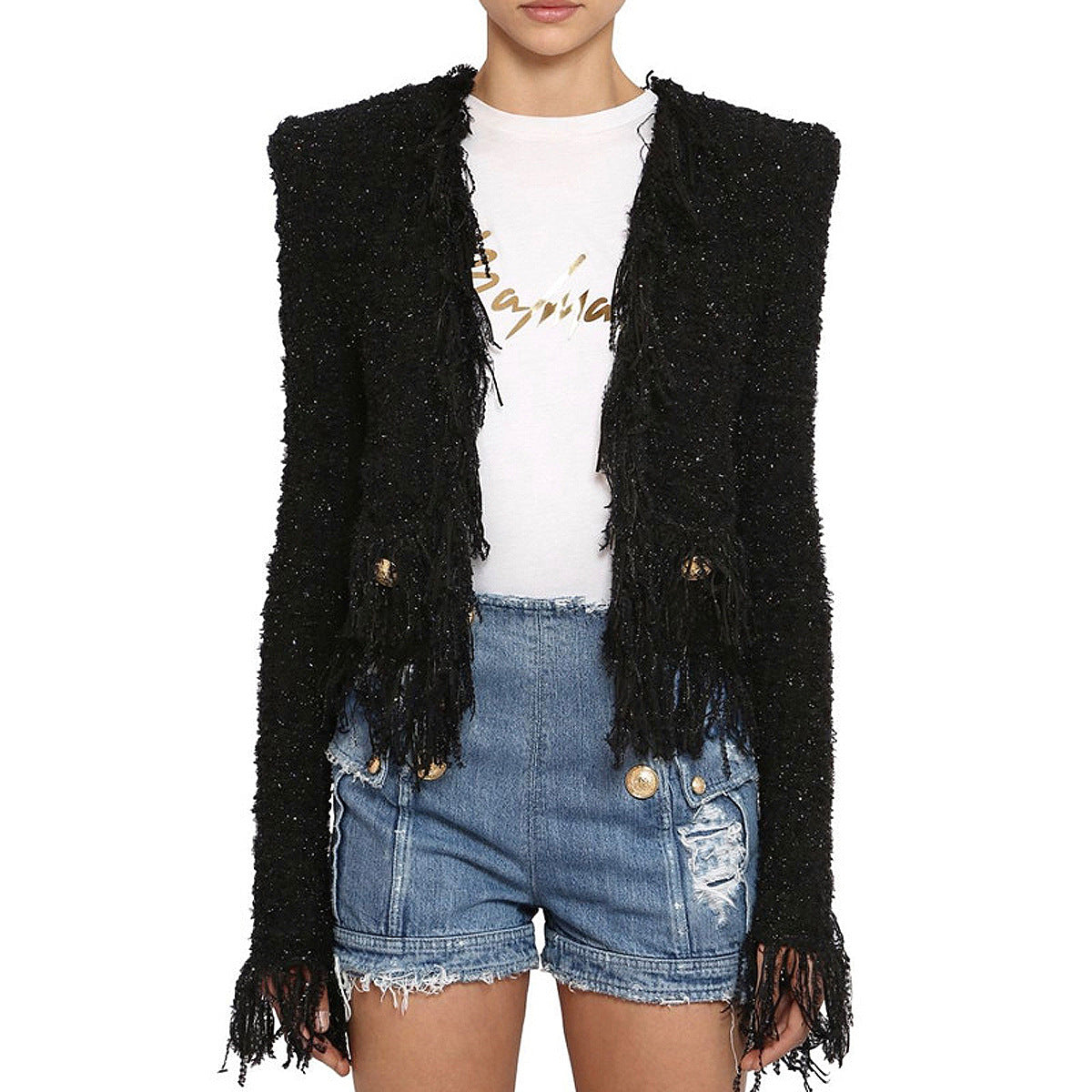 Black Silk Tweed Fringe Pocket Fastener Decoration Cardigan Women Coat Top