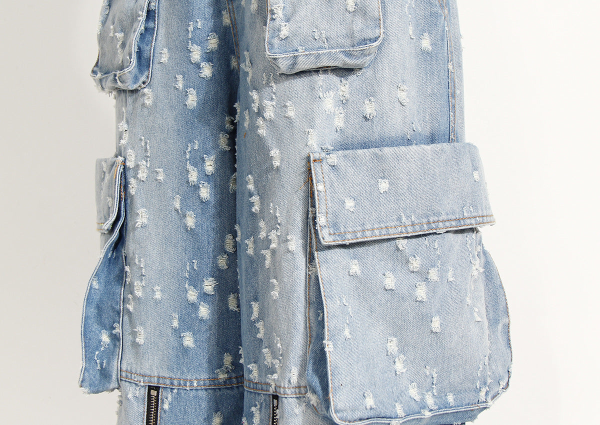 Blue Niche Design Jeans High Waist Loose Hole Trousers